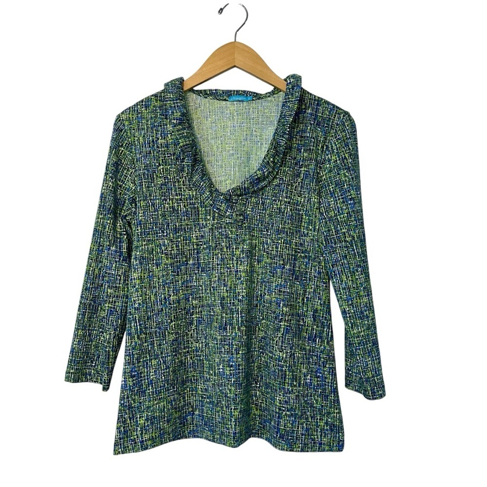 J McLaughlin Shirt Womens MD Green Blue Ruffle Blouse Catalina Cloth 3/4 Sleeve